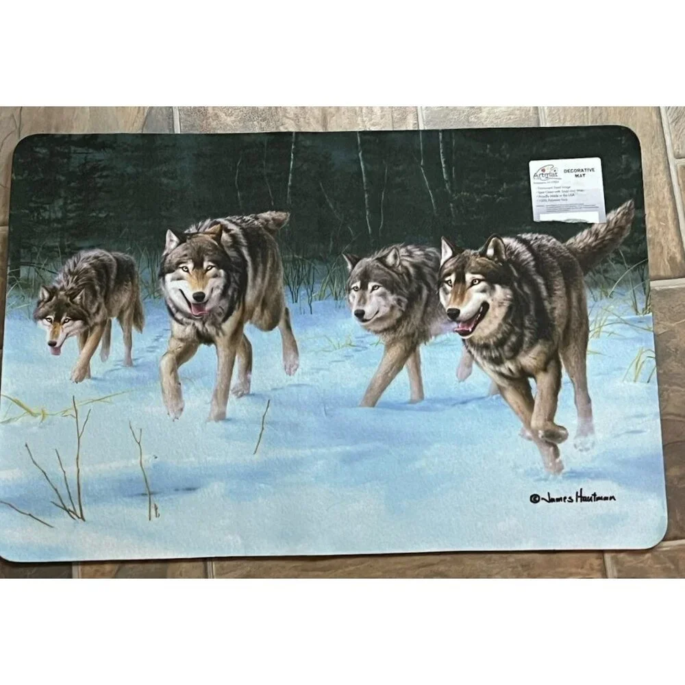 Wolves Door Mat On The Move by James Hautman Indoor Cabin Winter Scene Wolf Pack